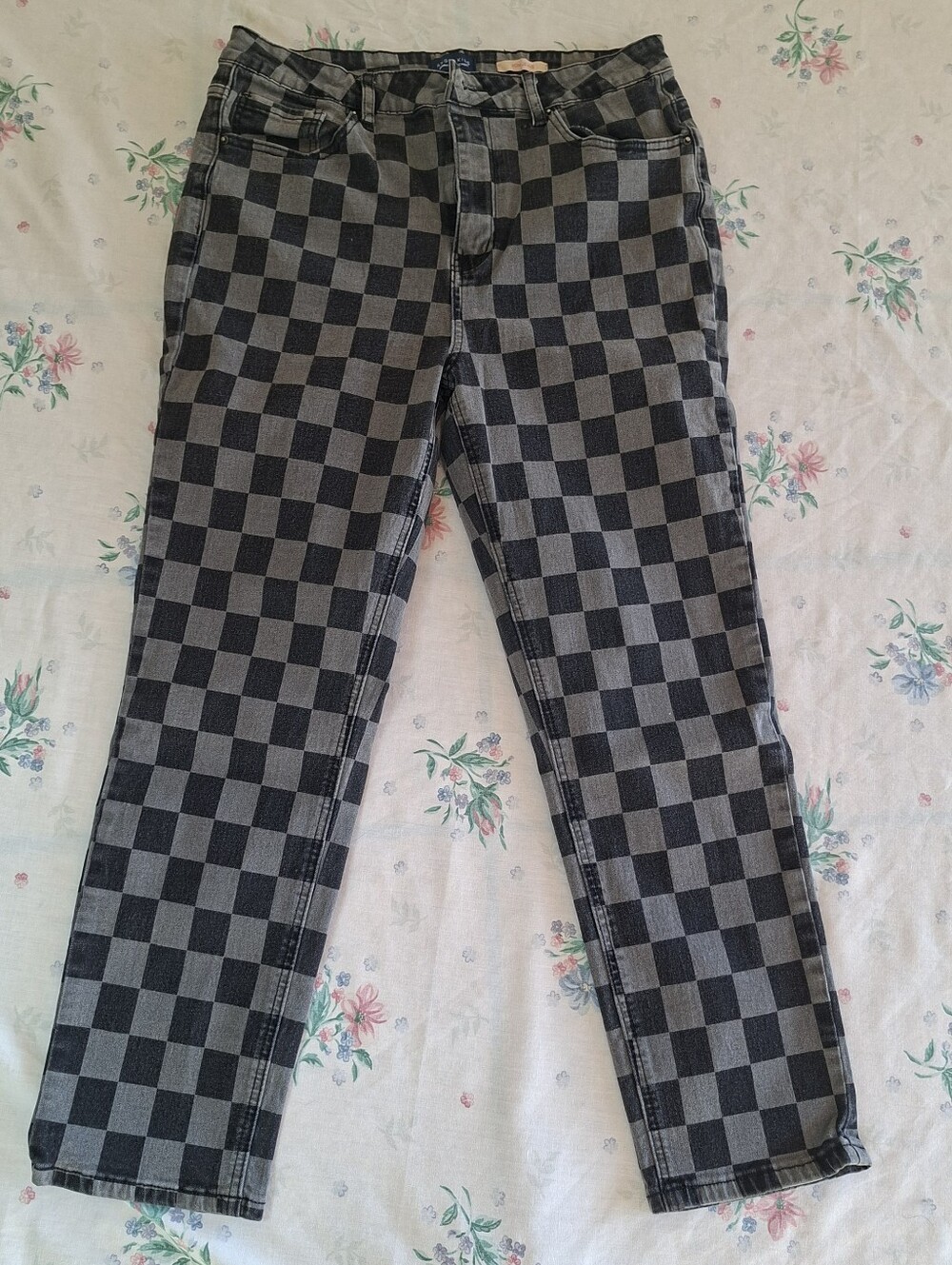Skatercore 90s Style Gray + Black Checkerboard High-Rise Mom Jeans